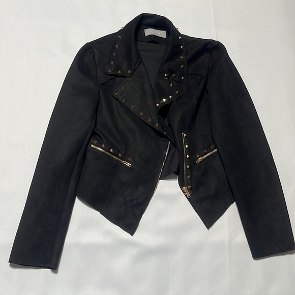 ASHER BLACK STUDDED CROPPED FAUX SUEDE BIKER JACKET, SIZE M. - Picture 1 of 8